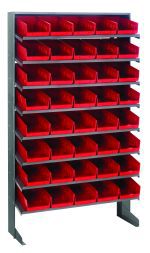 The Quantum Pick Rack is a sloped, single-sided storage unit made of galvanized steel with dimensions 12D x 36W x 60H. It has eight shelves, a capacity of 400 lbs., and includes forty QSB102 red bins for easy organization.