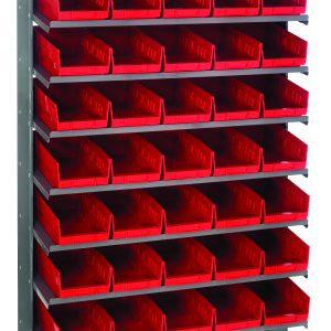 The Quantum Pick Rack is a sloped, single-sided storage unit made of galvanized steel with dimensions 12D x 36W x 60H. It has eight shelves, a capacity of 400 lbs., and includes forty QSB102 red bins for easy organization.