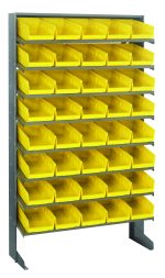 The Quantum Pick Rack is a single-sided, sloped shelving unit made of galvanized steel, measuring 12D x 36W x 60H. It includes eight shelves and forty QSB102 yellow bins, with a capacity of 400 lbs., providing efficient and sturdy freestanding storage solutions.