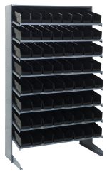 The Quantum Pick Rack is a galvanized steel, single-sided shelving unit measuring 18D x 36W x 60H, featuring (8) shelves and (64) QSB103 black bins. It offers a slopped design, ideal for organizing small parts in workshops or garages, and supports up to 400 lbs.