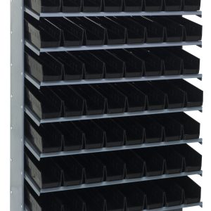 The Quantum Pick Rack is a galvanized steel, single-sided shelving unit measuring 18D x 36W x 60H, featuring (8) shelves and (64) QSB103 black bins. It offers a slopped design, ideal for organizing small parts in workshops or garages, and supports up to 400 lbs.