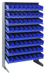 The Quantum Pick Rack has reinforced legs, eight sturdy shelves with 64 open-top slopped QSB103 blue bins, and a 400 lbs. capacity. At 18D x 36W x 60H, its made of galvanized steel, perfect for efficiently organizing small items.