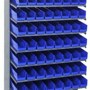 The Quantum Pick Rack has reinforced legs, eight sturdy shelves with 64 open-top slopped QSB103 blue bins, and a 400 lbs. capacity. At 18D x 36W x 60H, its made of galvanized steel, perfect for efficiently organizing small items.