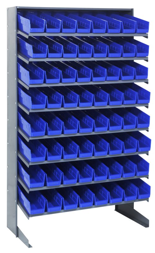 The Quantum Pick Rack has reinforced legs, eight sturdy shelves with 64 open-top slopped QSB103 blue bins, and a 400 lbs. capacity. At 18D x 36W x 60H, its made of galvanized steel, perfect for efficiently organizing small items.