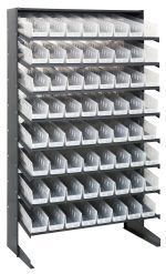 The Quantum Pick Rack is a galvanized steel shelving unit, 18D x 36W x 60H with eight slopped, single-sided shelves, accommodating up to 400 lbs. It comes with 64 QSB103 clear bins, holding six per row against a white backdrop.