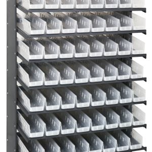 The Quantum Pick Rack is a galvanized steel shelving unit, 18D x 36W x 60H with eight slopped, single-sided shelves, accommodating up to 400 lbs. It comes with 64 QSB103 clear bins, holding six per row against a white backdrop.