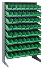 The Quantum Pick Rack is a sturdy, single-sided galvanized steel storage system measuring 18D x 36W x 60H. It features eight sloped shelves and contains 64 QSB103 green bins, designed for easy access to stored items, with a total capacity of 400 lbs.