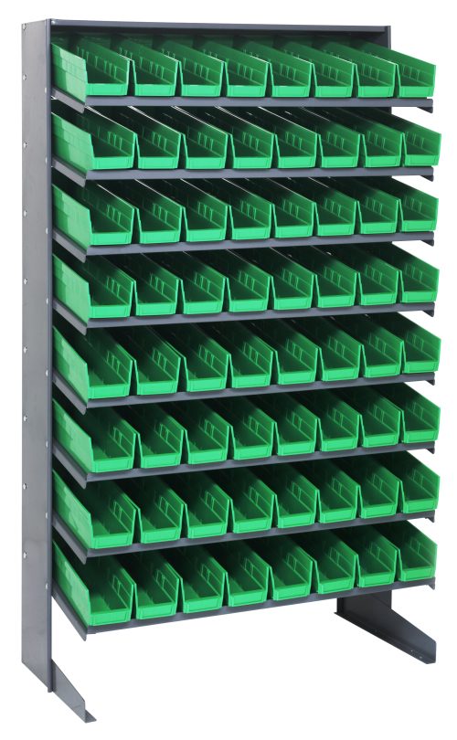 The Quantum Pick Rack is a sturdy, single-sided galvanized steel storage system measuring 18D x 36W x 60H. It features eight sloped shelves and contains 64 QSB103 green bins, designed for easy access to stored items, with a total capacity of 400 lbs.