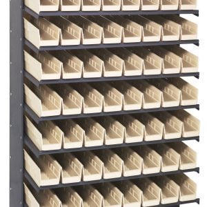 The Quantum Pick Rack is a single-sided, sloped metal shelving unit measuring 18D x 36W x 60H. It features a sturdy galvanized steel frame and includes eight shelves with six rows of removable ivory QSB103 bins, ten per row, providing ample storage. It holds up to 400 lbs.
