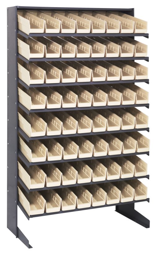 QPRS 18-103 Ivory1 The Quantum Pick Rack is a single-sided, sloped metal shelving unit measuring 18D x 36W x 60H. It features a sturdy galvanized steel frame and includes eight shelves with six rows of removable ivory QSB103 bins, ten per row, providing ample storage. It holds up to 400 lbs.