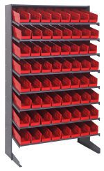The Quantum Pick Rack is a single-sided, galvanized steel shelving unit (18D x 36W x 60H) with a 400 lbs. capacity. It includes eight shelves and 64 sloped QSB103 red bins, providing easy access to tools and supplies for workshop or garage organization.