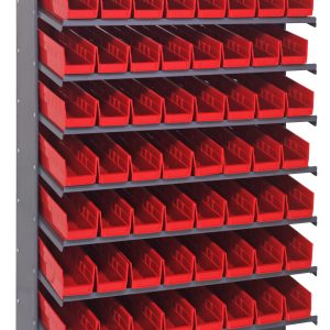 The Quantum Pick Rack is a single-sided, galvanized steel shelving unit (18D x 36W x 60H) with a 400 lbs. capacity. It includes eight shelves and 64 sloped QSB103 red bins, providing easy access to tools and supplies for workshop or garage organization.