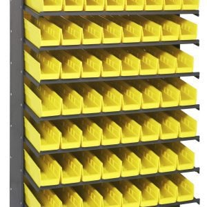 The Quantum Pick Rack is a sloped, single-sided shelving unit with a capacity of 400 lbs., featuring eight galvanized steel shelves with 64 neatly arranged QSB103 yellow bins. Measuring 18D x 36W x 60H, it offers ample storage in a stylish black and yellow design.