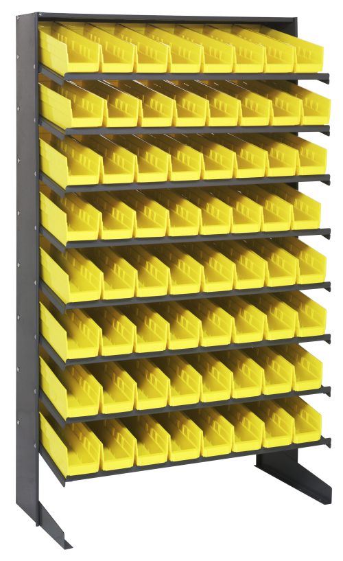 The Quantum Pick Rack is a sloped, single-sided shelving unit with a capacity of 400 lbs., featuring eight galvanized steel shelves with 64 neatly arranged QSB103 yellow bins. Measuring 18D x 36W x 60H, it offers ample storage in a stylish black and yellow design.