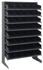 The Quantum Pick Rack is a sloped, single-sided shelving unit made of galvanized steel, measuring 18D x 36W x 60H. It features eight shelves with a total of 40 QSB104 black bins and supports up to 400 lbs., perfect for efficient organization in workshops or storage areas.