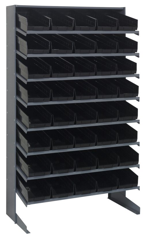 The Quantum Pick Rack is a sloped, single-sided shelving unit made of galvanized steel, measuring 18D x 36W x 60H. It features eight shelves with a total of 40 QSB104 black bins and supports up to 400 lbs., perfect for efficient organization in workshops or storage areas.