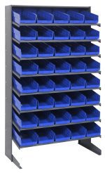 The Quantum Pick Rack is a slopped, single-sided, 18D x 36W x 60H shelving unit made of galvanized steel with a 400 lbs. capacity, including 8 shelves and 40 QSB104 blue bins. Each shelf has five open-front bins for easy access to small items.