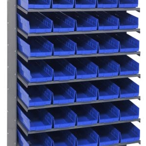 The Quantum Pick Rack is a slopped, single-sided, 18D x 36W x 60H shelving unit made of galvanized steel with a 400 lbs. capacity, including 8 shelves and 40 QSB104 blue bins. Each shelf has five open-front bins for easy access to small items.
