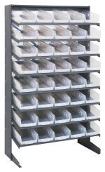 The Quantum Pick Rack is a sloped, single-sided unit (18D x 36W x 60H) made of galvanized steel, featuring 8 shelves and 40 QSB104 clear bins. With a capacity of 400 lbs., its ideal for organizing and accessing essentials easily.
