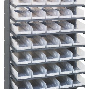The Quantum Pick Rack is a sloped, single-sided unit (18D x 36W x 60H) made of galvanized steel, featuring 8 shelves and 40 QSB104 clear bins. With a capacity of 400 lbs., its ideal for organizing and accessing essentials easily.