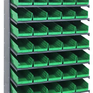 The Quantum Pick Rack features a sloped, single-sided design with 8 shelves and 40 QSB104 green bins, offering easy access. This galvanized steel unit supports up to 400 lbs., measuring 18D x 36W x 60H for optimal storage efficiency.