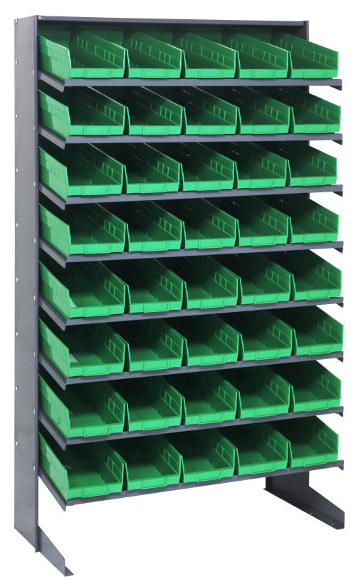 QPRS 18-104 green The Quantum Pick Rack features a sloped, single-sided design with 8 shelves and 40 QSB104 green bins, offering easy access. This galvanized steel unit supports up to 400 lbs., measuring 18D x 36W x 60H for optimal storage efficiency.