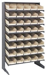 The Quantum Pick Rack is a single-sided, sloped metal storage unit measuring 18D x 36W x 60H. It features eight shelves and includes forty QSB104 ivory open-front bins, organized in five rows, making it ideal for sorting small items or tools.