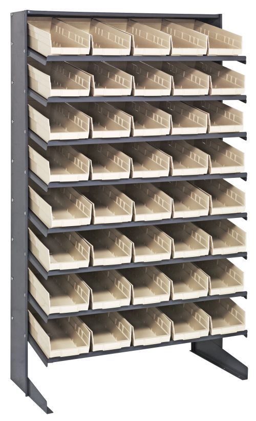 QPRS 18-104 Ivory The Quantum Pick Rack is a single-sided, sloped metal storage unit measuring 18D x 36W x 60H. It features eight shelves and includes forty QSB104 ivory open-front bins, organized in five rows, making it ideal for sorting small items or tools.
