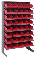 The Quantum Pick Rack is a single-sided, sloped unit with 8 shelves and 40 QSB104 red bins. It measures 18D x 36W x 60H, holds up to 400 lbs., and is made from galvanized steel for durability. Its open-front bins provide easy access, making it ideal for storage and organization.