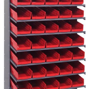 The Quantum Pick Rack is a single-sided, sloped unit with 8 shelves and 40 QSB104 red bins. It measures 18D x 36W x 60H, holds up to 400 lbs., and is made from galvanized steel for durability. Its open-front bins provide easy access, making it ideal for storage and organization.