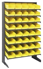 The Quantum Pick Rack, with an 18D x 36W x 60H design, offers a 400 lbs. capacity and includes eight shelves and forty QSB104 yellow bins. Made of galvanized steel, its sloped bins ensure easy access, making it ideal for organizing tools or parts in workshops or garages.