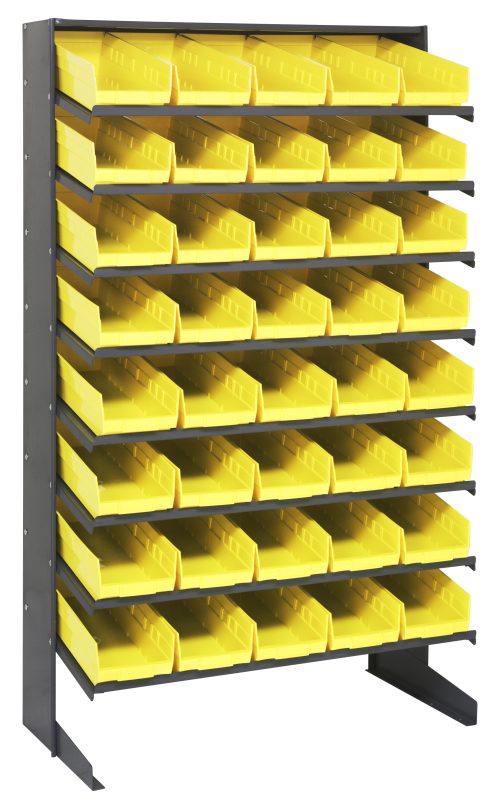 The Quantum Pick Rack, with an 18D x 36W x 60H design, offers a 400 lbs. capacity and includes eight shelves and forty QSB104 yellow bins. Made of galvanized steel, its sloped bins ensure easy access, making it ideal for organizing tools or parts in workshops or garages.
