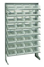 The Quantum Pick Rack is a single-sided, freestanding storage rack with a sloped design, measuring 12D x 36W x 60H. It features galvanized steel construction and includes eight shelves and 32 clear Qsb107 bins, supporting up to 400 lbs for efficient small item organization.