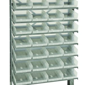 The Quantum Pick Rack is a single-sided, freestanding storage rack with a sloped design, measuring 12D x 36W x 60H. It features galvanized steel construction and includes eight shelves and 32 clear Qsb107 bins, supporting up to 400 lbs for efficient small item organization.