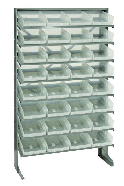 The Quantum Pick Rack is a single-sided, freestanding storage rack with a sloped design, measuring 12D x 36W x 60H. It features galvanized steel construction and includes eight shelves and 32 clear Qsb107 bins, supporting up to 400 lbs for efficient small item organization.