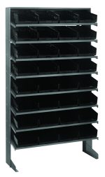 The Quantum Pick Rack is a sloped, single-sided metal storage unit measuring 12D x 36W x 60H, with a capacity of 400 lbs. It features eight shelves equipped with 32 QSB107 black bins for easy access and is supported by two sturdy legs. Crafted from galvanized steel.