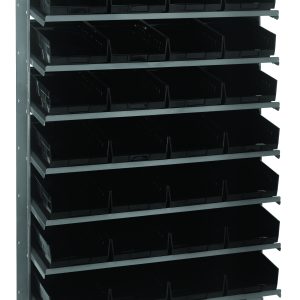 The Quantum Pick Rack is a sloped, single-sided metal storage unit measuring 12D x 36W x 60H, with a capacity of 400 lbs. It features eight shelves equipped with 32 QSB107 black bins for easy access and is supported by two sturdy legs. Crafted from galvanized steel.