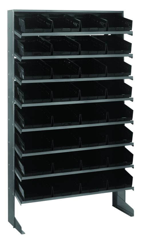 The Quantum Pick Rack is a sloped, single-sided metal storage unit measuring 12D x 36W x 60H, with a capacity of 400 lbs. It features eight shelves equipped with 32 QSB107 black bins for easy access and is supported by two sturdy legs. Crafted from galvanized steel.