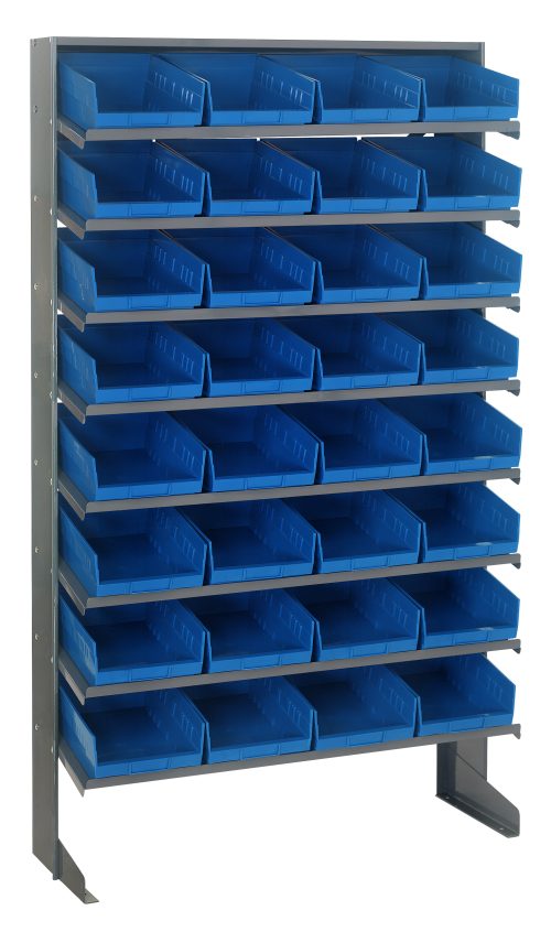 QPRS-107_BL.jpg The Quantum Pick Rack is a single-sided unit measuring 12D x 36W x 60H, with a capacity of 400 lbs. It includes eight shelves and thirty-two QSB107 blue bins, providing open-front access for organization. Made of galvanized steel, this rack ensures durability and neat storage.