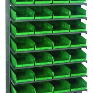 The Quantum Pick Rack is a sloped, single-sided unit measuring 12D x 36W x 60H, constructed from galvanized steel with a capacity of 400 lbs. It includes eight shelves and comes with 32 QSB107 green bins, offering organized storage in a compact design.