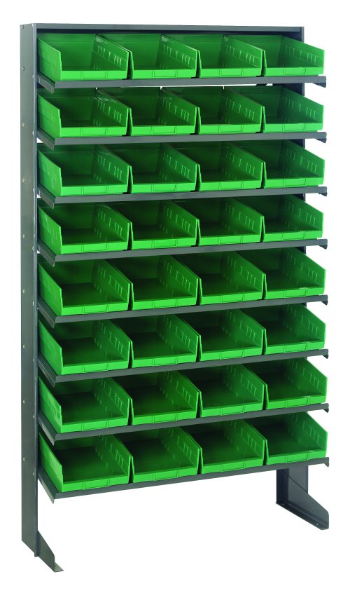 QPRS-107_GN.jpg The Quantum Pick Rack is a sloped, single-sided unit measuring 12D x 36W x 60H, constructed from galvanized steel with a capacity of 400 lbs. It includes eight shelves and comes with 32 QSB107 green bins, offering organized storage in a compact design.