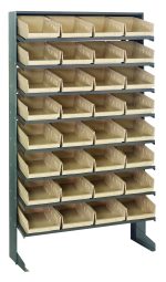 The Quantum Pick Rack is a galvanized steel, sloped, single-sided storage system that measures 12D x 36W x 60H. It includes eight shelves with thirty-two QSB107 ivory bins in a grid pattern and supports up to 400 lbs for stability.