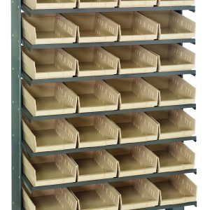 The Quantum Pick Rack is a galvanized steel, sloped, single-sided storage system that measures 12D x 36W x 60H. It includes eight shelves with thirty-two QSB107 ivory bins in a grid pattern and supports up to 400 lbs for stability.