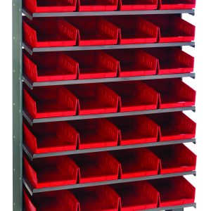 The Quantum Pick Rack is a single-sided, sloped, galvanized steel shelving unit (12D x 36W x 60H) with a 400 lbs. capacity. It includes eight shelves and 32 QSB107 red plastic bins open at the front for easy access, ideal for efficiently organizing small items in six rows and seven columns.