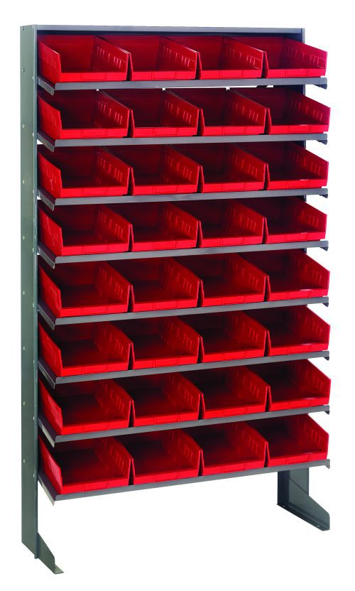 The Quantum Pick Rack is a single-sided, sloped, galvanized steel shelving unit (12D x 36W x 60H) with a 400 lbs. capacity. It includes eight shelves and 32 QSB107 red plastic bins open at the front for easy access, ideal for efficiently organizing small items in six rows and seven columns.
