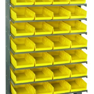 The Quantum Pick Rack, a single-sided, sloped organizer with dimensions of 12D x 36W x 60H and a capacity of 400 lbs., includes eight shelves and 32 QSB107 yellow bins. Made from galvanized steel, its ideal for organizing small parts or items efficiently.