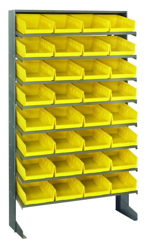 QPRS-107_YL.jpg The Quantum Pick Rack, a single-sided, sloped organizer with dimensions of 12D x 36W x 60H and a capacity of 400 lbs., includes eight shelves and 32 QSB107 yellow bins. Made from galvanized steel, its ideal for organizing small parts or items efficiently.