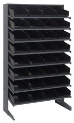 The Quantum Pick Rack is a freestanding, single-sided unit measuring 18D x 36W x 60H. It includes eight shelves with a total of 32 QSB108 black bins and features a galvanized steel frame supporting up to 400 lbs., ideal for organizing small items or parts.