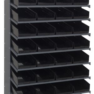 The Quantum Pick Rack is a freestanding, single-sided unit measuring 18D x 36W x 60H. It includes eight shelves with a total of 32 QSB108 black bins and features a galvanized steel frame supporting up to 400 lbs., ideal for organizing small items or parts.