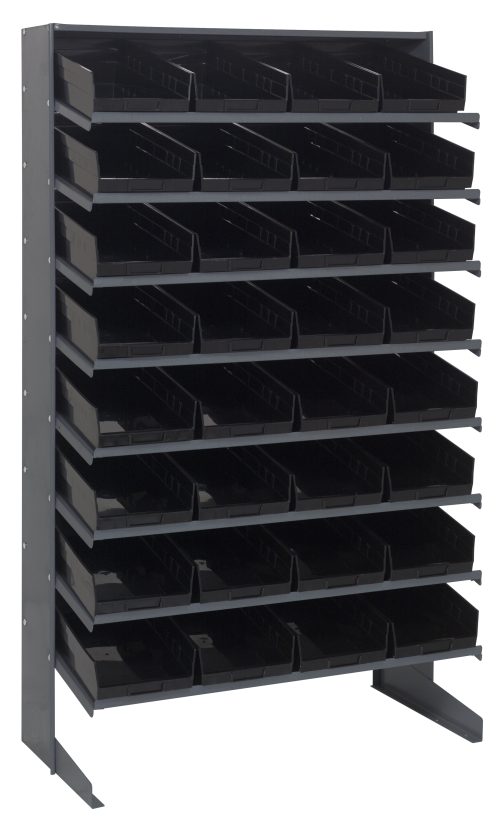 The Quantum Pick Rack is a freestanding, single-sided unit measuring 18D x 36W x 60H. It includes eight shelves with a total of 32 QSB108 black bins and features a galvanized steel frame supporting up to 400 lbs., ideal for organizing small items or parts.